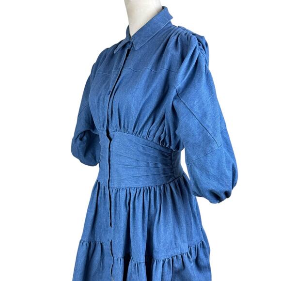 Petal + Pup Francis Denim Gathered Balloon Sleeve Tiered Flare Mini Dress - Picture 12 of 16